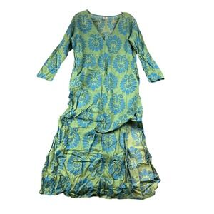 Designer V Neck Maxi Dress Green Blue Floral Print Cotton India Size S 851